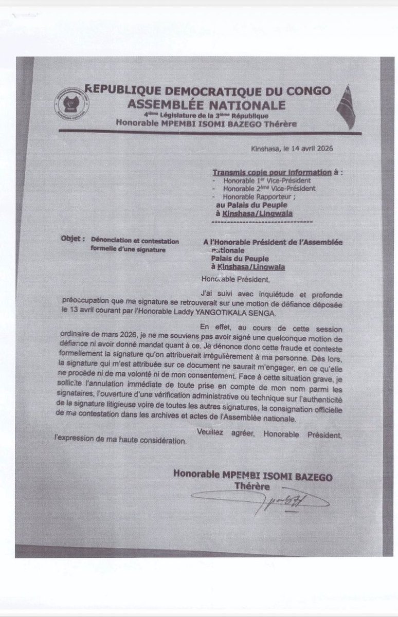 LEPHENIX001's tweet photo. Après la contestation formelle d’une signature attribuée à l’Honorable MPEMBI Thérère. Dans une correspondance adressée au Président de l’Assemblée nationale, l’élue affirme n’avoir ni signé ni donné mandat pour apposer son nom sur la motion de défiance introduite le 13 avril. https://t.co/JXYdYnP0Uc