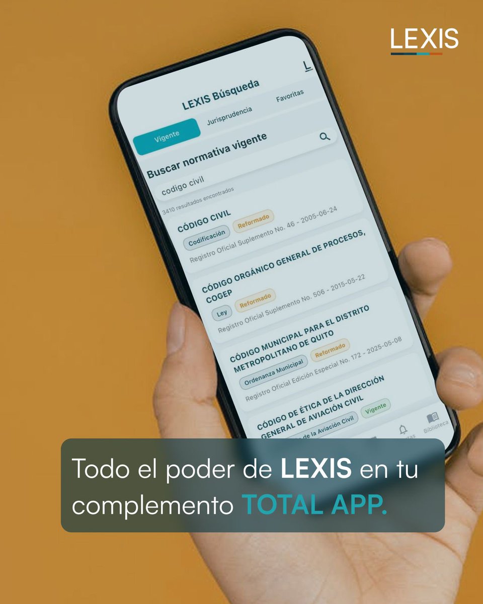 lexisecuador's tweet photo. La anticipación es un factor crítico en la estrategia legal.

A través de la nueva TOTAL APP, el sistema de vigilancia normativa de LEXIS te permite recibir notificaciones inmediatas sobre nuevos proyectos de ley y acceder a noticias tempranas que impactan la legislación vigente desde tu dispositivo móvil.

Esta capacidad de respuesta te permite reaccionar con absoluta precisión ante cualquier modificación en el ordenamiento jurídico ecuatoriano. Mantén el control de tus procesos y domina la información relevante antes que la competencia.

Descarga y optimiza tu vigilancia normativa y lleva el poder de la investigación en tu bolsillo con TOTAL APP, complemento de LEXIS TOTAL.