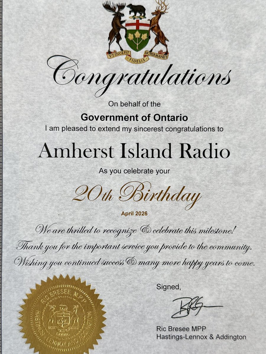 amherstislandfm's tweet image. Thank you to the Government of Ontario and Ric Bresee Hastings-Lennox &amp;amp; Addington for the very kind certificate of congratulations celebrating Amherst Island Radio’s amazing 20 years of growth! ❤️ @ricbresee_mpp 
#Community #20Years #Volunteers #ifb #SupportLocal