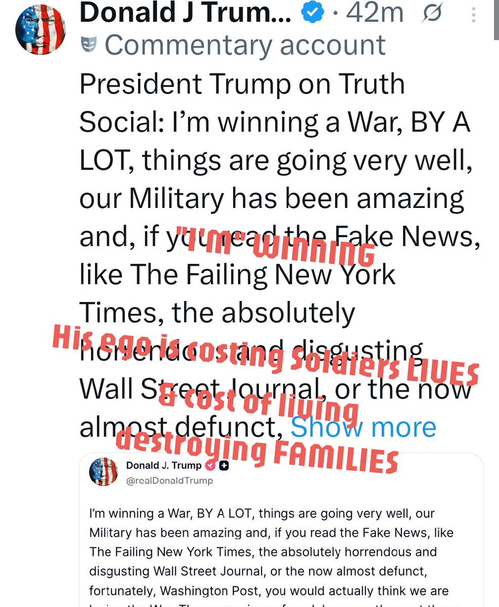 TruthTaz's tweet photo. @TruthTrumpPost This guy is a pathological liar & a LUNATIC
#TRUMP
Soldiers dying for his ego
Cost a living crushing families because of his war
Impeach this guy
#NotwhatIvotedfor
#iranwar #iran @DarioCpx
#news @business @CNN https://t.co/N69lUgn78O