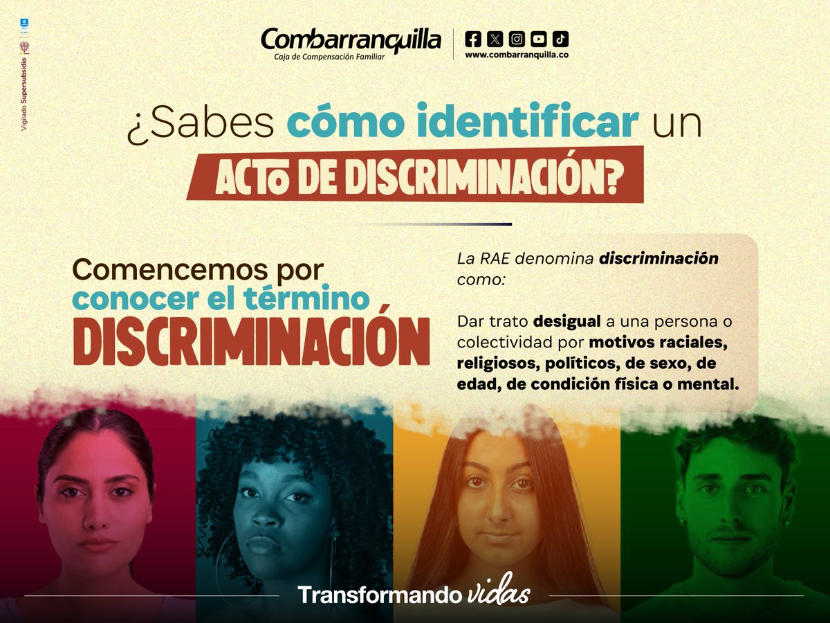 Combarranquilla's tweet image. 🤝 Construir espacios sin discriminación es tarea de todos.

📌 Aprende a identificar actos discriminatorios y conoce las rutas para reportarlos.

La igualdad y el respeto no son opcionales.
#NoALaDiscriminación #Inclusión #Respeto #Igualdad #Combarranquilla