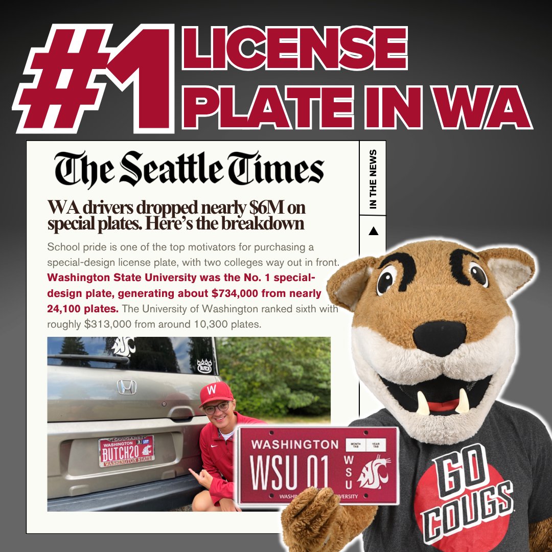 WSUAlumAssoc's tweet photo. Today, @seattletimes highlighted Washington’s most popular specialty plates, and Cougs came out on top.

With 24,000+ active WSU plates on the road, Cougar plates lead all WA universities and help support student scholarships.

Go Cougs!
Learn more: https://t.co/L5MLcgRrEL https://t.co/vnJTFZmzea