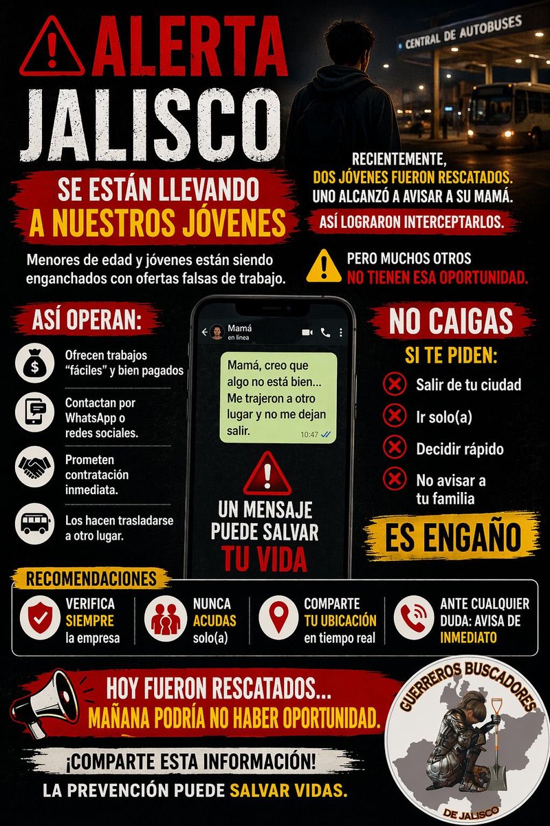 GARCIPAVON's tweet image. 🚨 ALERTA – JALISCO 🚨
¡¡NOS ESTÁN DESAPARECIENDO A NUESTROS JÓVENES!!
El reclutamiento sigue vigente.
No es un hecho aislado.
Es una realidad que está pasando HOY.
Eran menores de edad.
Fueron engañados con una oferta de trabajo.
Uno alcanzó a avisar a su mamá…
y lograron