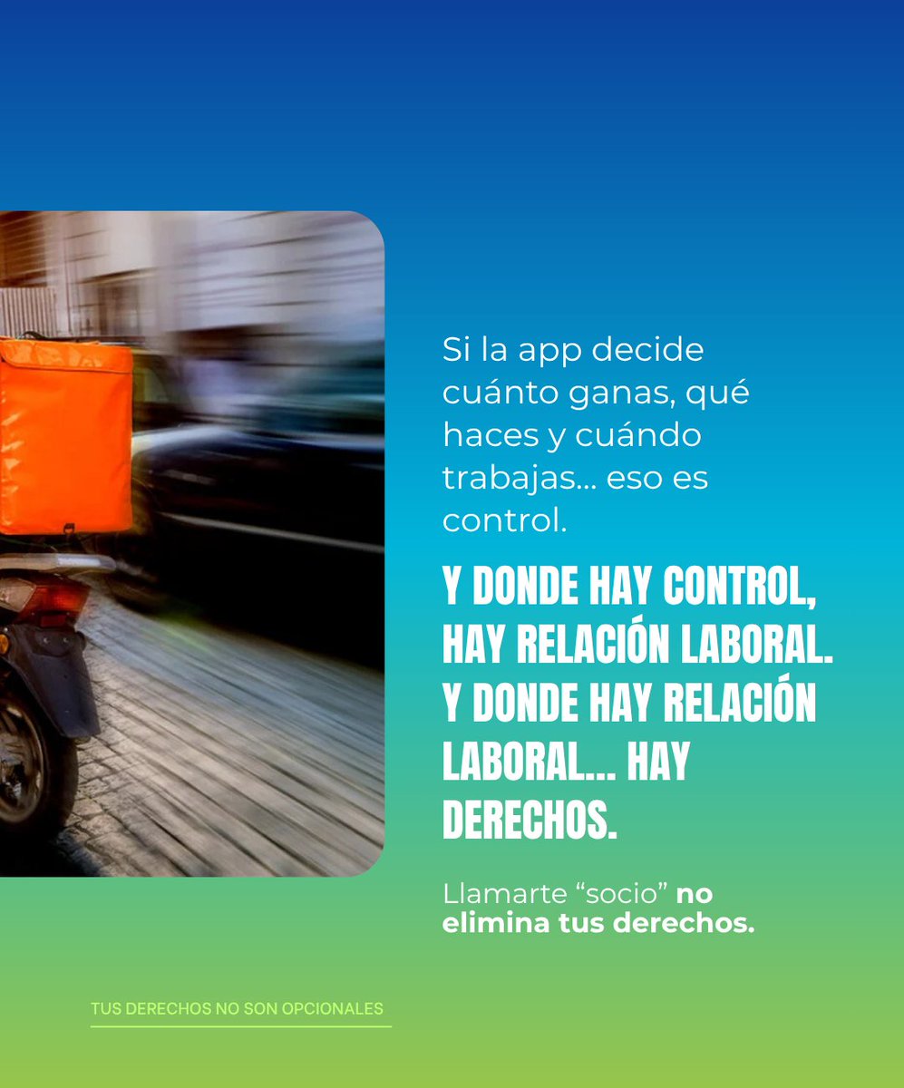 UGTElSalvador's tweet photo. Si la app decide cuánto ganas, qué haces y cuándo trabajas…
 eso es control.
Y donde hay control, hay relación laboral.
Y donde hay relación laboral… hay derechos.

Que no te confundan ✊
📲 Escríbenos al WhatsApp 7053-8189 https://t.co/KSxRlOwTfh