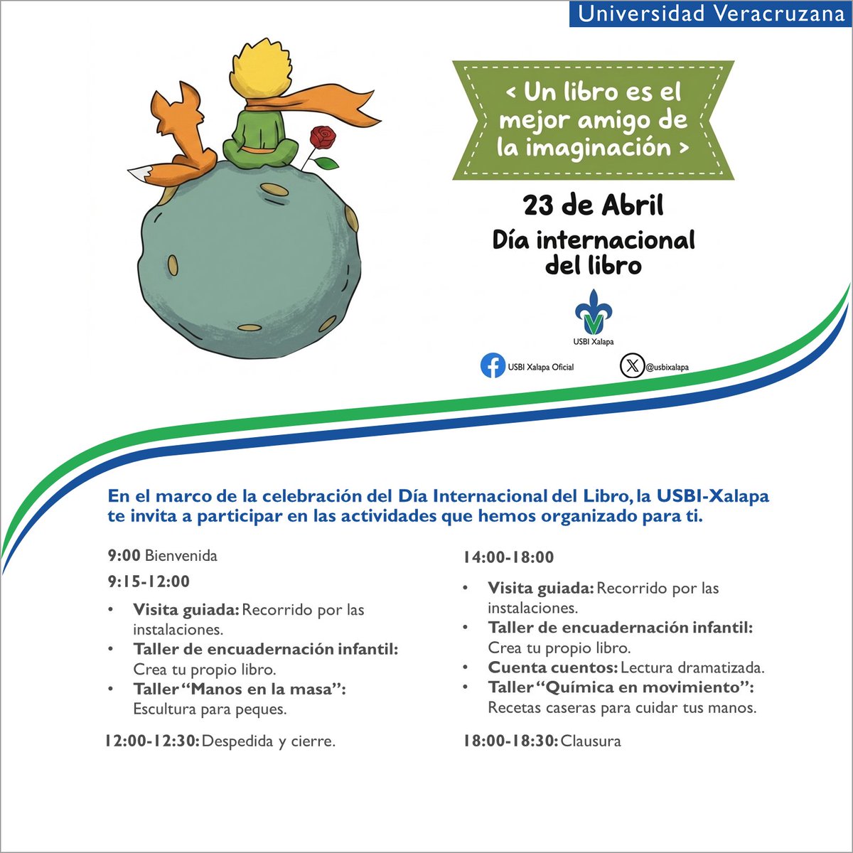 usbixalapa's tweet photo. 🟢🔵Te compartimos el programa de actividades que se ha organizado para celebrar el #DíaInternacionalDelLibro en la @usbixalapa 
📆Jueves 2⃣3⃣ de #Abril2026
🏣Foro #usbixalapa
⏰09:00 horas
👉Entrada libre
#visitaguiada #talleres #cuentos https://t.co/DQR2K3H1u3