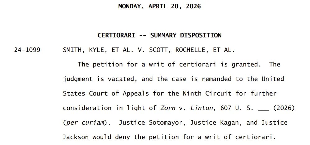 Today SCOTUS summarily:

(1) reversed a D.C. Court of Appeals decision that had held the police lacked reasonable suspicion for a stop; and

(2) vacated a Ninth Circuit decision that had denied qualified immunity in a case where a man died following "bodyweight pressure."