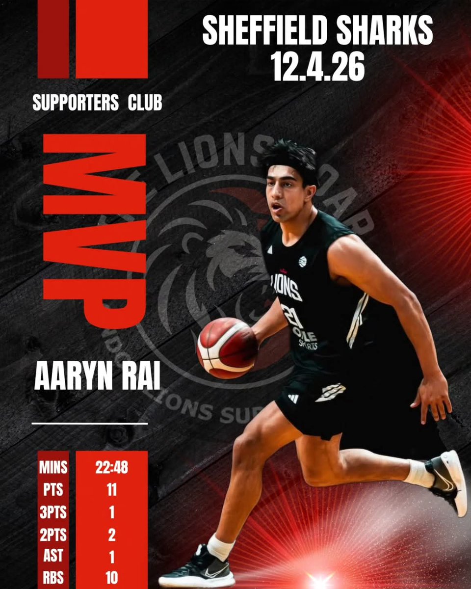 TheLionsRoar25's tweet image. @aarynrai is your Supporters club 12/04/2026 MVP Vs @SheffieldSharks with a Double -Double

Aaron Rai dominated the floor with a double-double:
11 points | 10 rebounds | 1 assist
Controlled the glass and made his presence felt all game 💪🏀 

#londonlions