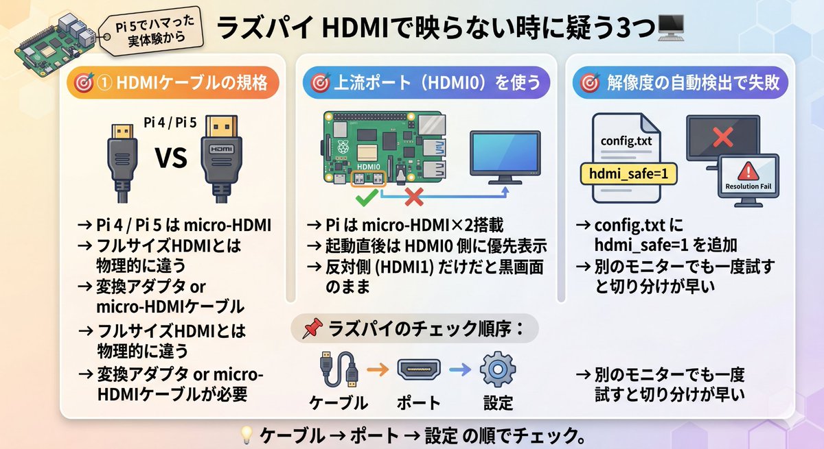 ラズパイ、HDMIで映らない時に疑う3つ?️ Pi 5を買ったばかりでハマっ 