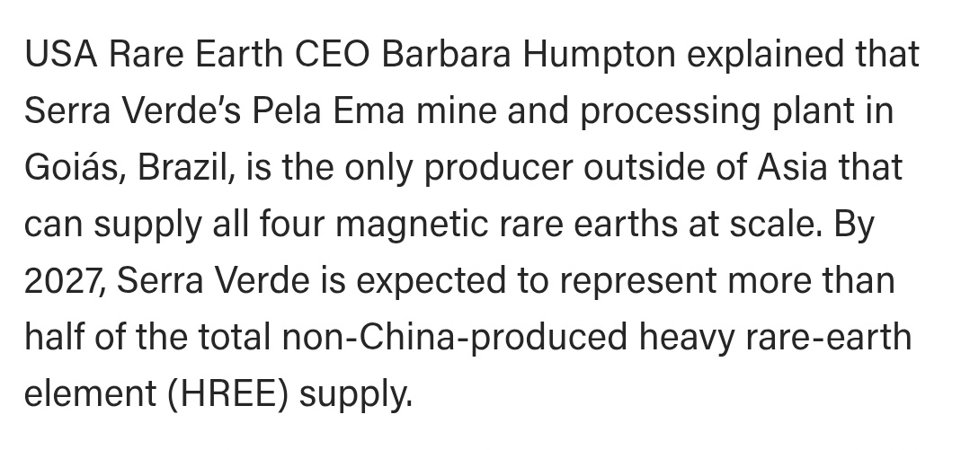 The Trump Admin-invested USA Rare Earth is buying Brazil-based Serra Verde Group, the only producer outside of Asia that can supply all four magnetic rare earths at scale. Serra Verde earlier received a $565 million package from the U.S. International Development Finance Corp.
