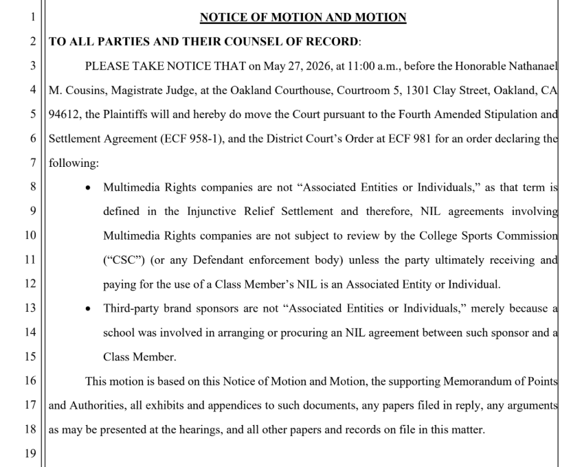 samcehrlich's tweet photo. House v. NCAA class counsel has filed a motion asking the court to make rulings regarding two conflicts over interpretating "associated entities and individuals" under the settlement: multimedia companies and when the school is involved in procuring a sponsorship deal. https://t.co/2Dr25I0vOT