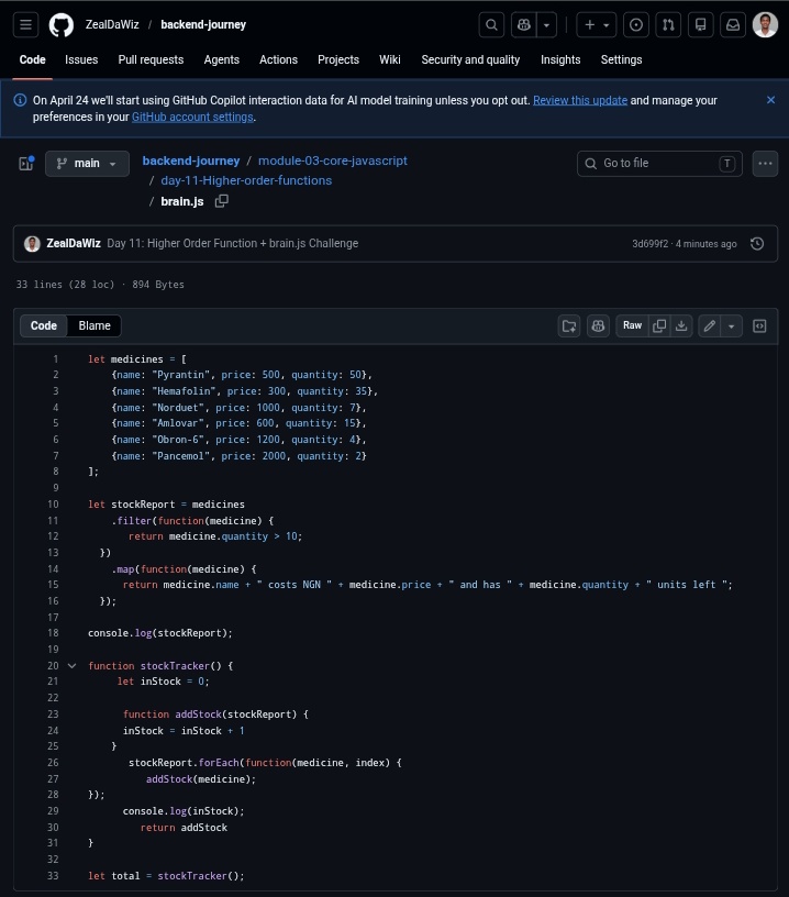Bigzeey001's tweet image. Day 11 — Higher Order Functions

I built a pharmacy stock report for a real Nigerian pharma company that:
- Filters out of stock medicines automatically
- Transforms remaining stock into readable reports
- Uses closures to count available medicines

#100DaysOfCode #BuildInPublic