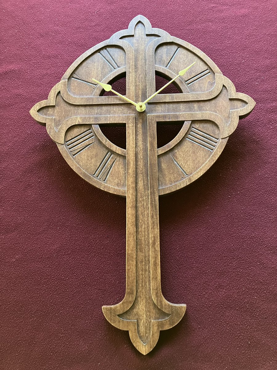 BlakeAShattuck's tweet image. My newest piece is a Roman numeral clock featuring a large cross!  Hand crafted in solid poplar.  This project was super challenging but so much fun!  #clock #woodcarving #handmade