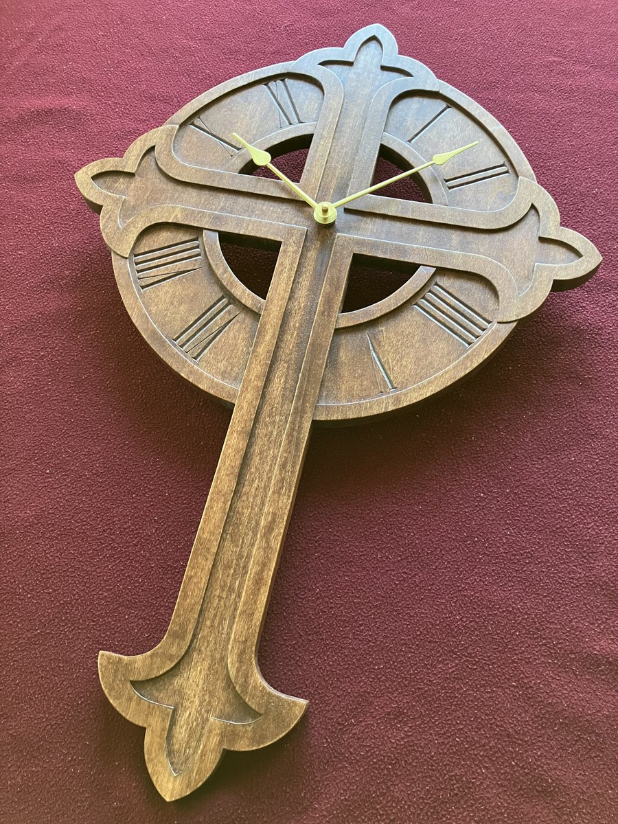 BlakeAShattuck's tweet image. My newest piece is a Roman numeral clock featuring a large cross!  Hand crafted in solid poplar.  This project was super challenging but so much fun!  #clock #woodcarving #handmade