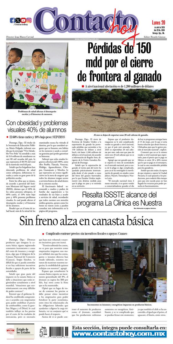 ContactoHoy's tweet image. #PORTADA de nuestra edición digital de HOY #Durango #Noticias