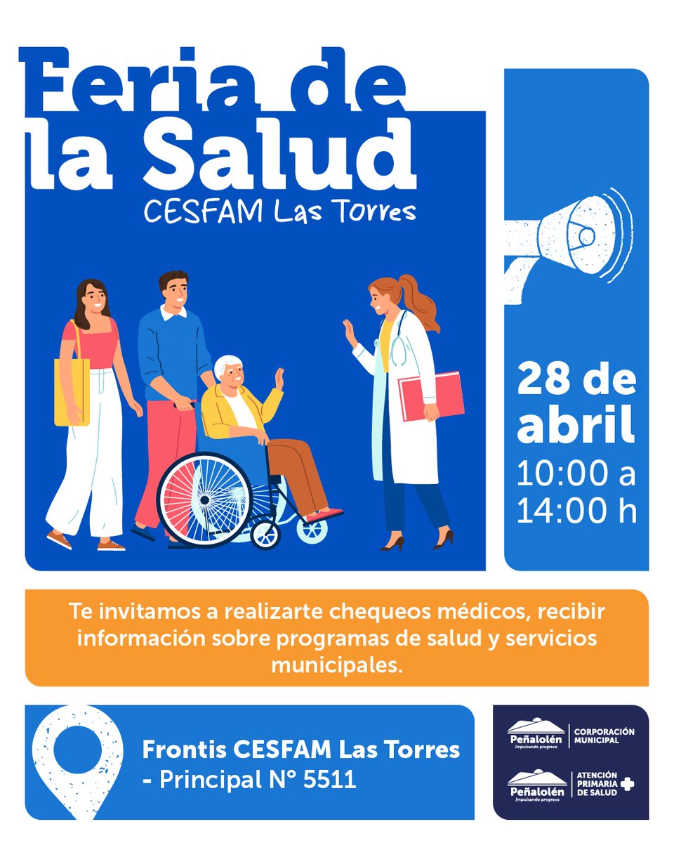Cormup's tweet photo. ¡Vecinos de @Penalolen! 📢 Se viene la Feria de la Salud en el CESFAM Las Torres.

✅ Chequeos médicos ✅ Stands informativos ✅ Atención para todas las edades
📍 Frontis CESFAM (Principal 5511) 🗓️ 28 de abril ⏰ 10:00 a 14:00 h.
¡Cuidémonos en comunidad! Los esperamos. 🏥✨ https://t.co/oyKfsvO8gu