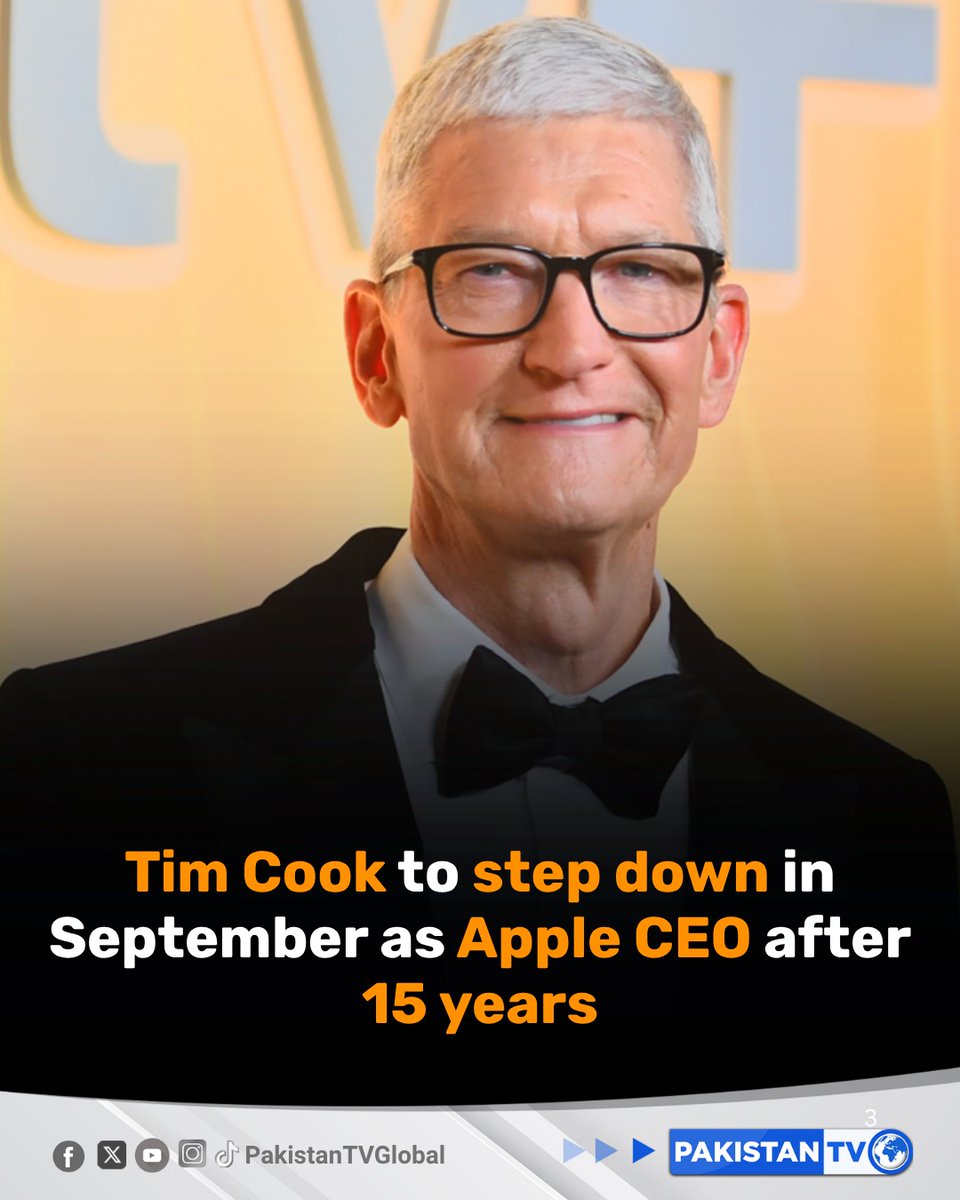 PakTVGlobal's tweet image. Tim Cook is set to exit as Apple’s CEO after 15 years in September, with senior vice president of hardware engineering John Ternus announced as the company’s next chief executive officer.

#Apple #TimCook #TechNews #PakistanTV