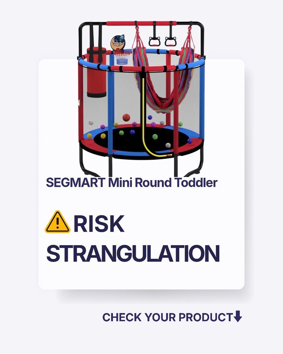RecallScope's tweet image. ⚠️ HAVE THIS AT HOME?

SEGMART 55” trampoline

Accessory straps
→ can wrap around a child

CHOKING RISK

 #ProductSafety #ChildSafety
