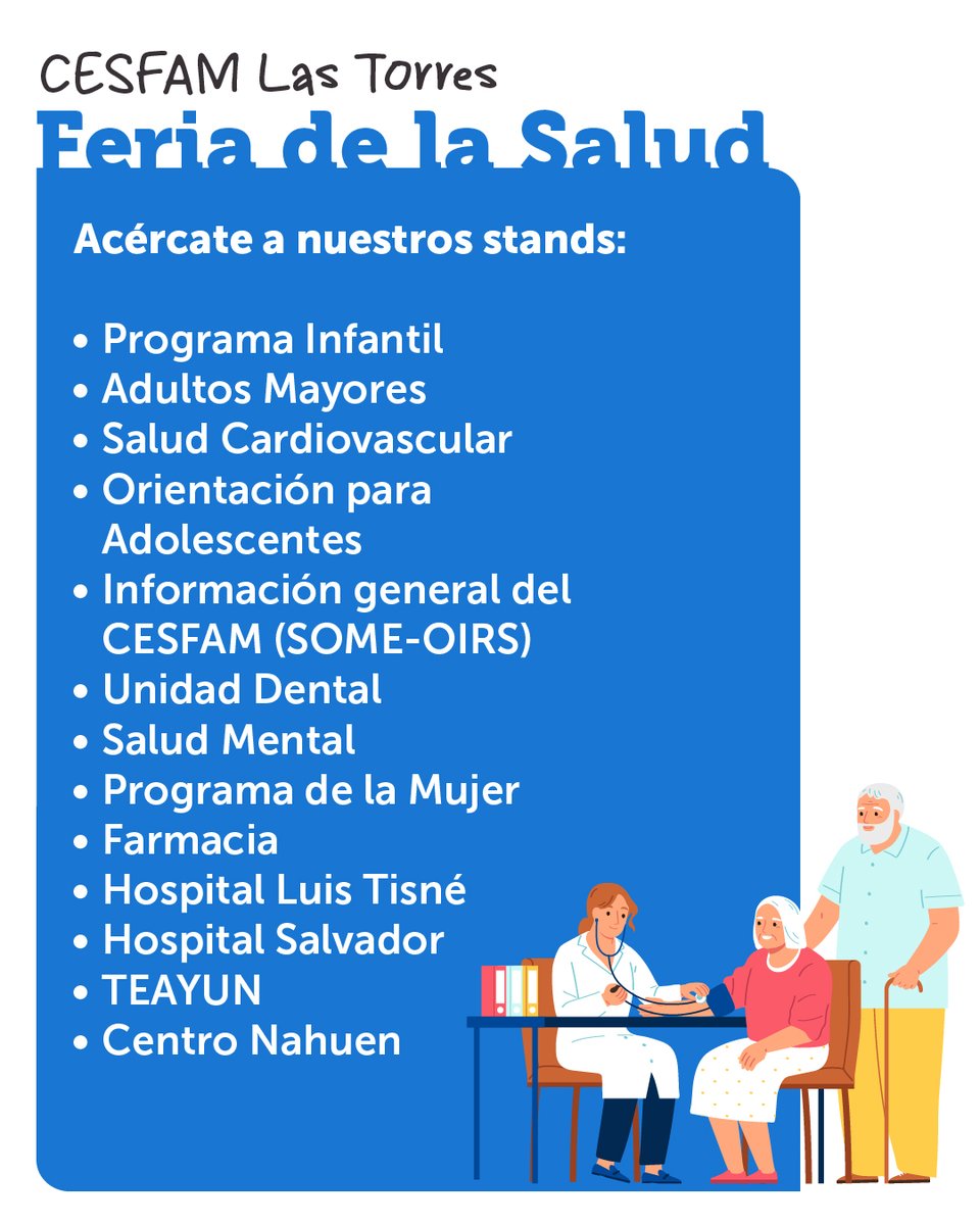Cormup's tweet photo. ¡Vecinos de @Penalolen! 📢 Se viene la Feria de la Salud en el CESFAM Las Torres.

✅ Chequeos médicos ✅ Stands informativos ✅ Atención para todas las edades
📍 Frontis CESFAM (Principal 5511) 🗓️ 28 de abril ⏰ 10:00 a 14:00 h.
¡Cuidémonos en comunidad! Los esperamos. 🏥✨ https://t.co/oyKfsvO8gu
