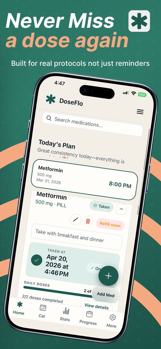 kegan_mills's tweet photo. DoseFlo is now live on the App Store.

Never miss a dose again.
Built for real protocols, not just reminders.
Track medications, injections, progress, and daily consistency in one place. 

#DoseFlo #AppStore #MedicationTracker #HealthApp #WellnessApp https://t.co/1qjRvmkb8u