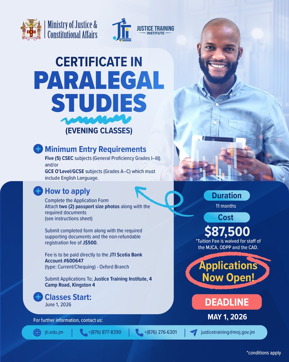 mojofficialjm's tweet photo. It's time to level up! 

Applications are now open for the Justice Training Institute’s Evening Programmes. Take the next step in your career with the Deputy Clerks of Court Qualifying Programme or the Certificate in Paralegal Studies. 

For more information, visit https://t.co/F723vT03Jt or call (876) 928-4624.

#MJCA #JTI #JusticeTrainingInstitute