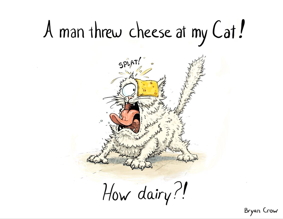 Bryan_Crow's tweet image. A man threw cheese at my cat…
Honestly? Unacceptable behavior. 🧀🐱
How dairy?! 😤

#DadJokes #Pun #CatJokes #CheesyJokes