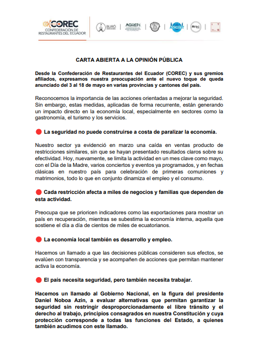🚨#ATENCIÓN | La <a href="/COREC_ECUADOR/">COREC - Confederación de Restaurantes del Ecuador</a> expresó su preocupación en torno al toque de queda anunciado entre el 3 y el 18 de mayo. El gremio instó a las autoridades a evaluar alternativas que garanticen la seguridad, pero sin generar un impacto negativo en la economía local.