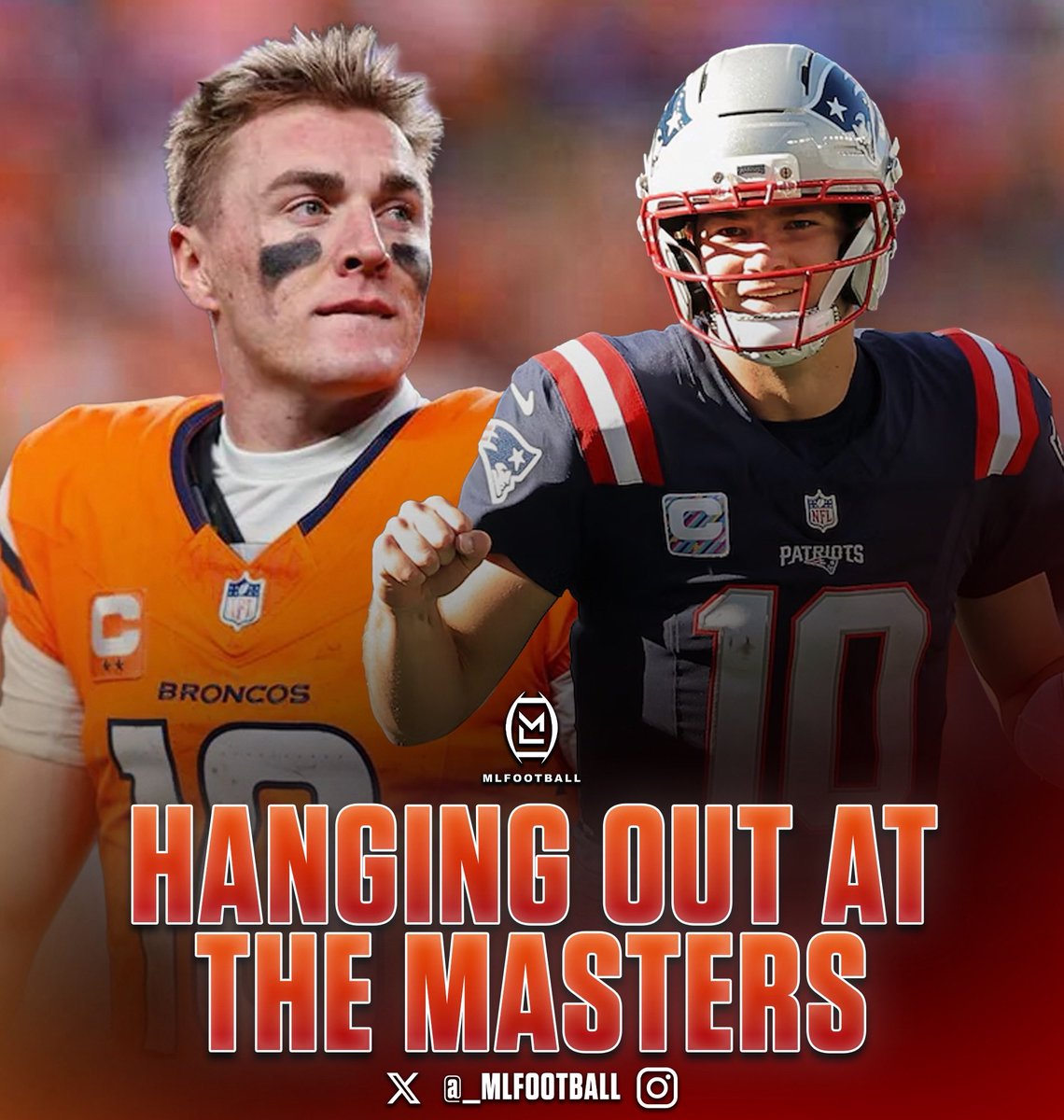 MLFootball's tweet image. NEWS: #Patriots superstar QB Drake Maye and #Broncos quarterback Bo Nix spent the weekend hanging out with each other at The Masters.

Nix and Maye became very good friends while working out together during the pre-draft process in 2024.

Drake says that they bonded very quickly