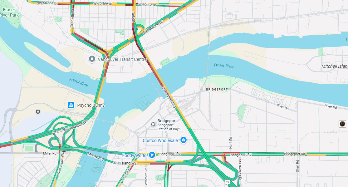 NewsRadioVAN's tweet image. 2:55 #OakStBridge
Stalled motorcycle on the bridge southbound at midspan. Right lane blocked. #BCHwy99 #Vancouver #RichmondBC