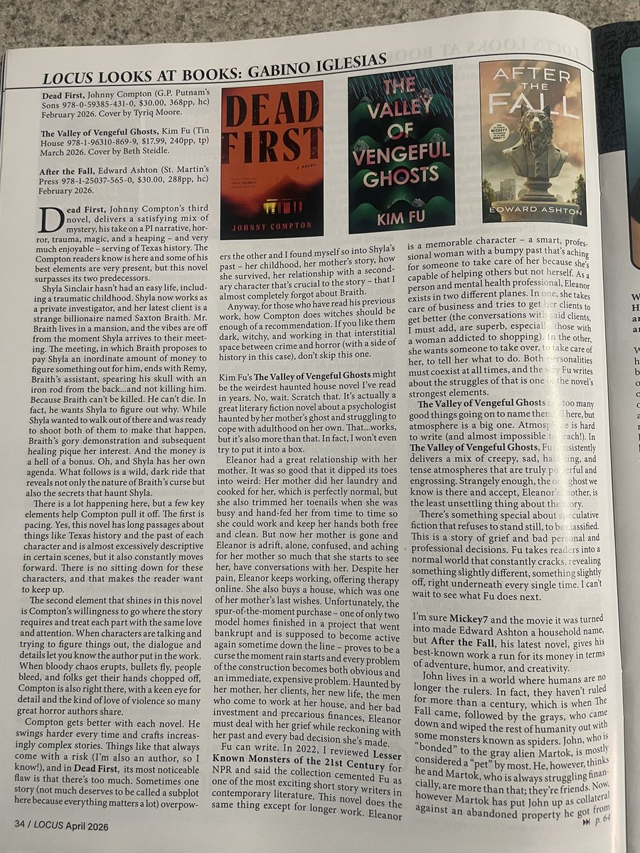 Gabino_Iglesias's tweet photo. The latest @locusmag is full of goodness, including a spotlight on Tanarive Due and my reviews of @ComptonWrites Dead First, Kim Fu’s The Valley of Vengeful Ghosts, and @edashtonwriting’s After the Fall. https://t.co/41Hs4TOrww