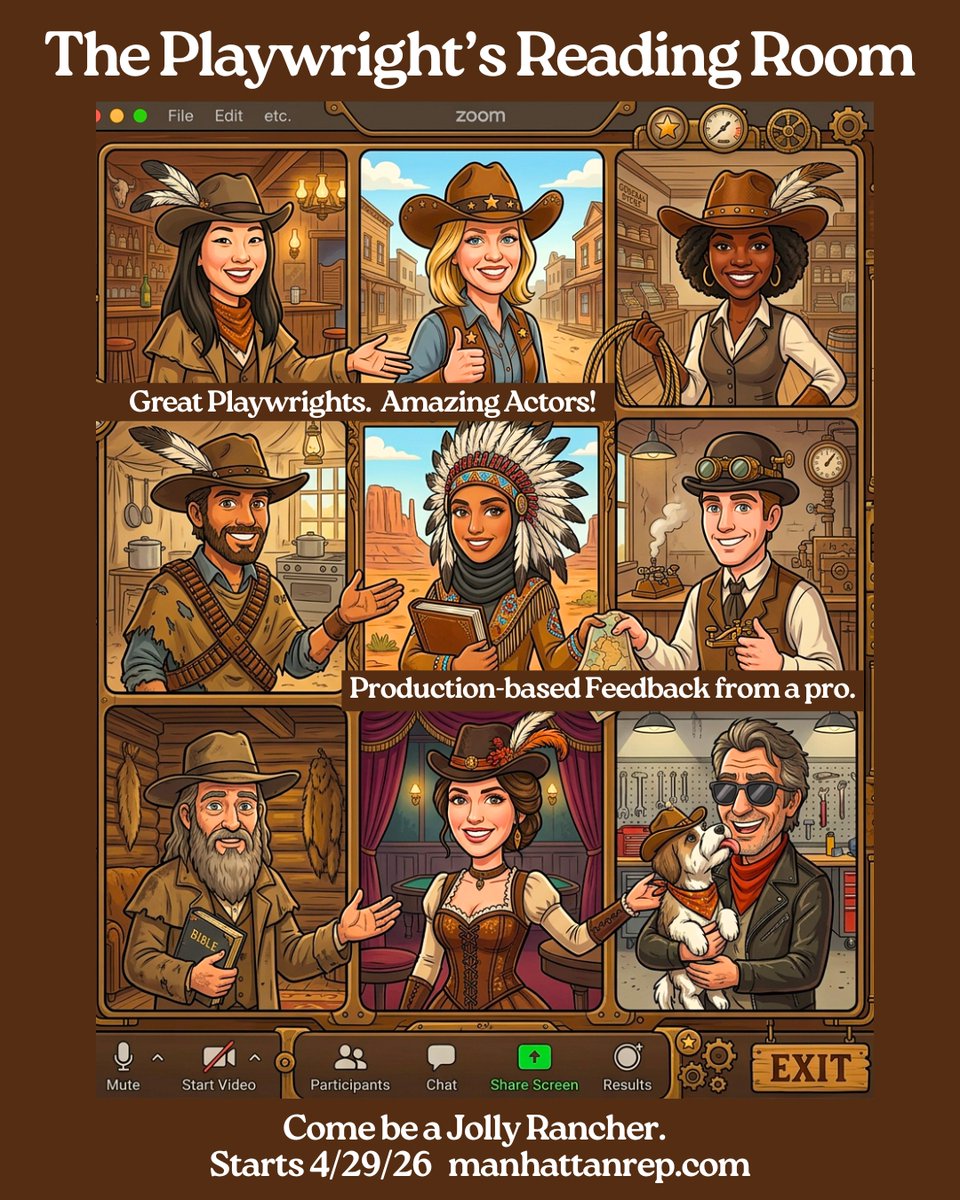 ManhattanRep's tweet image. Got a play that is not pulling its weight yet? Let’s fix that, cowboy. Saddle up and ride on in.

Dates:

Wednesdays April 29, May 6, 13, 20, 27, June 3

Time: 10 am to 12 pm ET

6 sessions

manhattanrep.com/reading-room

#plays #playwriting #Playproductionprogram
#Actors #ROMA  
RPW