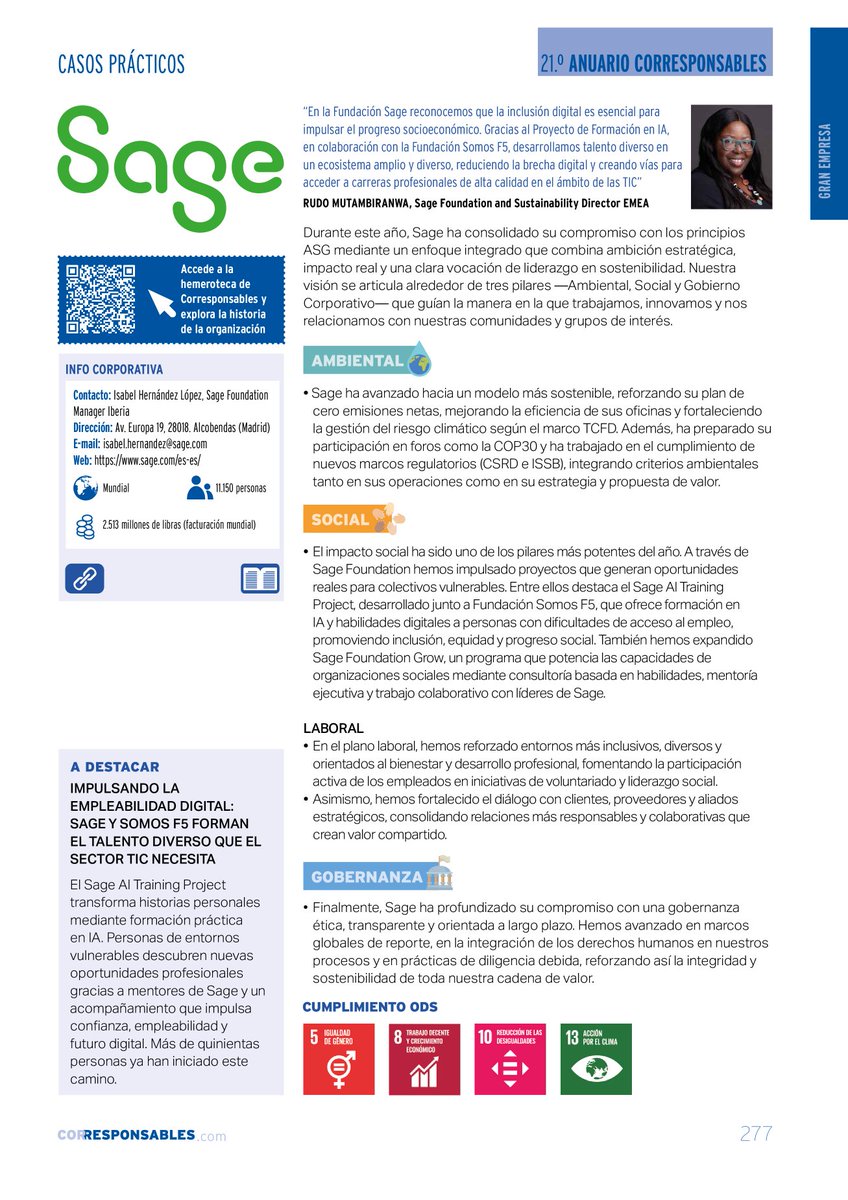 Corresponsables's tweet image. 💚 #sage impulsa inclusión digital y empleabilidad con su proyecto de formación en IA junto a Fundación Somos F5.

🏛️ También refuerza su Gobernanza ética y avanza hacia un modelo de cero emisiones netas.

🔗 f.mtr.cool/zwepzadbld

#Sostenibilidad #ESG #21AnuarioCorresponsables