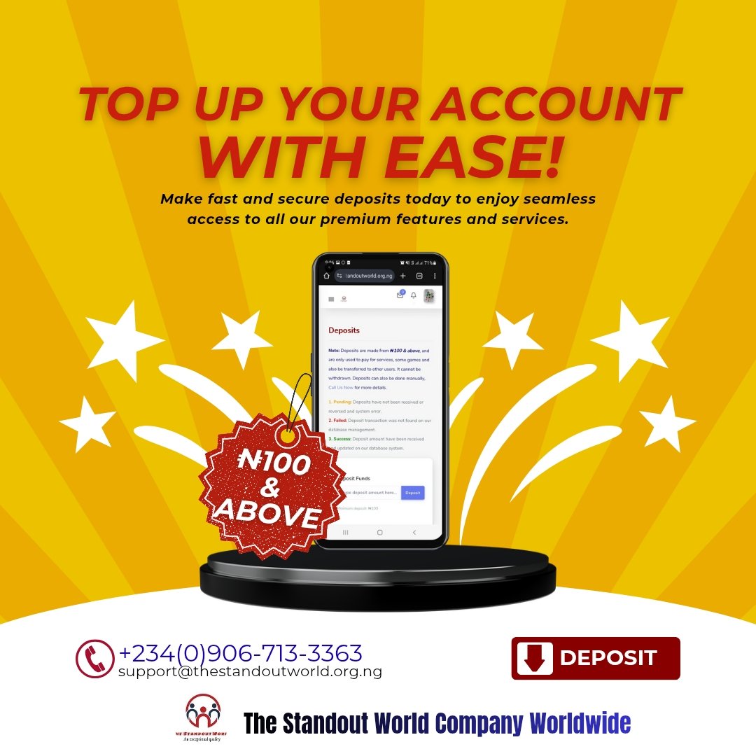 StandoutThe's tweet photo. Fund your wallet, unlock opportunities on our User Account.
Use your deposit to:
Chat (₦500) • Sell books (₦1,000) • Find jobs (₦1,500) • Earn from skills (₦2,000)

Plus: buy airtime/data, shop, learn, play &amp; earn.

Make a deposit today!
#EarnOnline #SmartMoves https://t.co/ZvJRXYdOnF