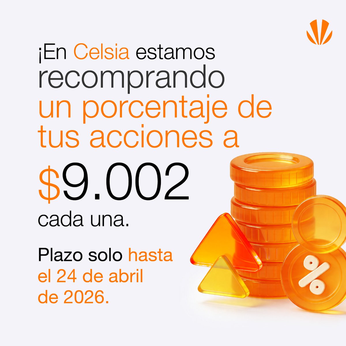 jon_mauricio's tweet photo. ¡Atención accionistas! La recompra extraordinaria de acciones de @Celsia_Energia va hasta el próximo 24 de abril. Es la oportunidad concreta de monetizar parte de su inversión. El proceso es fácil y simple, te lo explicamos ⏬ https://t.co/pxICHQ0Btc