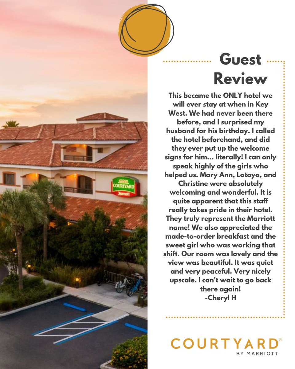 CourtyardKeyW's tweet image. Our team is the heart of #CourtyardKeyWestWaterfront! ❤️ We love going above and beyond for your #milestones. Thanks, Cheryl, for the shoutout to our #staff, #breakfast, and upscale #vibes.
See why we're the top choice: bit.ly/3t7YovD