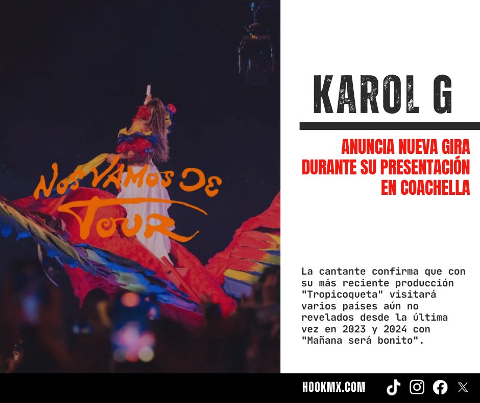KaRoL G Se va de Gira! 😍😱😍
La cantante colombiana Karol G anunció que emprenderá una nueva gira de conciertos con motivo de su más reciente producción, "Tropicoqueta".
#hookmx #karolg #tropicoqueta #tour