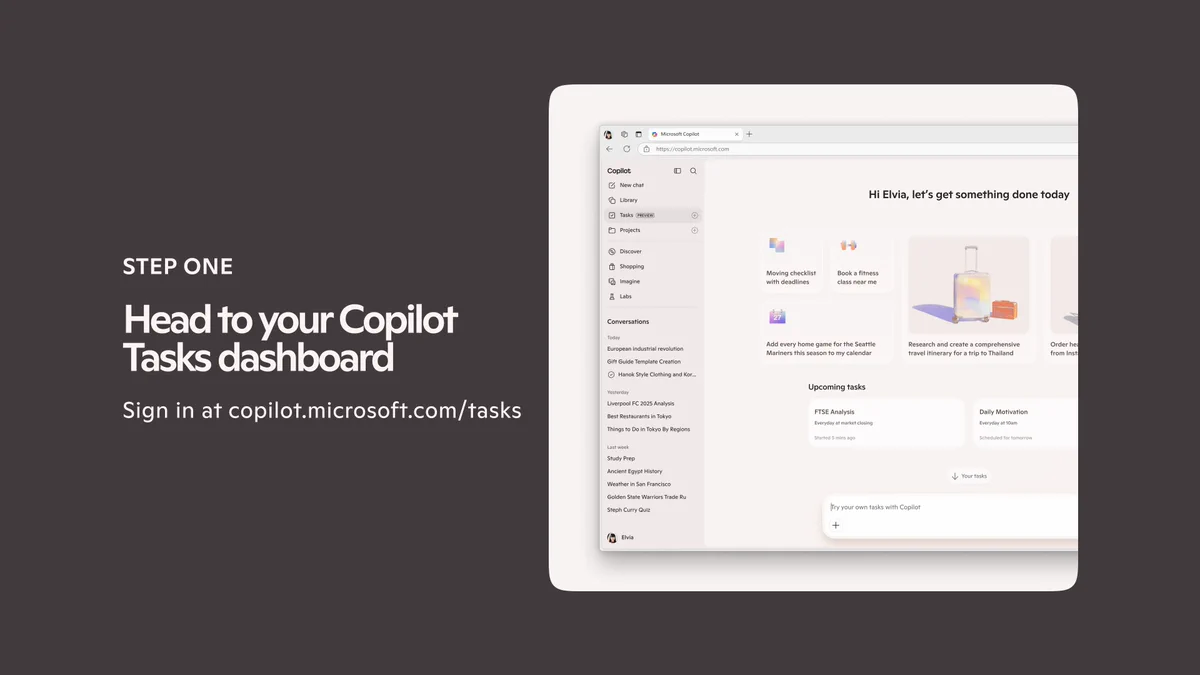 A step-by-step tutorial slide showing the Copilot Tasks dashboard in a browser window at copilot.microsoft.com. The left side reads "STEP ONE – Head to your Copilot Tasks dashboard" with body copy directing users to sign in at copilot.microsoft.com/tasks. The UI shows a sidebar with Tasks highlighted, upcoming tasks cards, and suggested prompts.