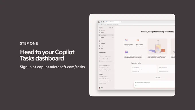A step-by-step tutorial slide showing the Copilot Tasks dashboard in a browser window at copilot.microsoft.com. The left side reads "STEP ONE – Head to your Copilot Tasks dashboard" with body copy directing users to sign in at copilot.microsoft.com/tasks. The UI shows a sidebar with Tasks highlighted, upcoming tasks cards, and suggested prompts.