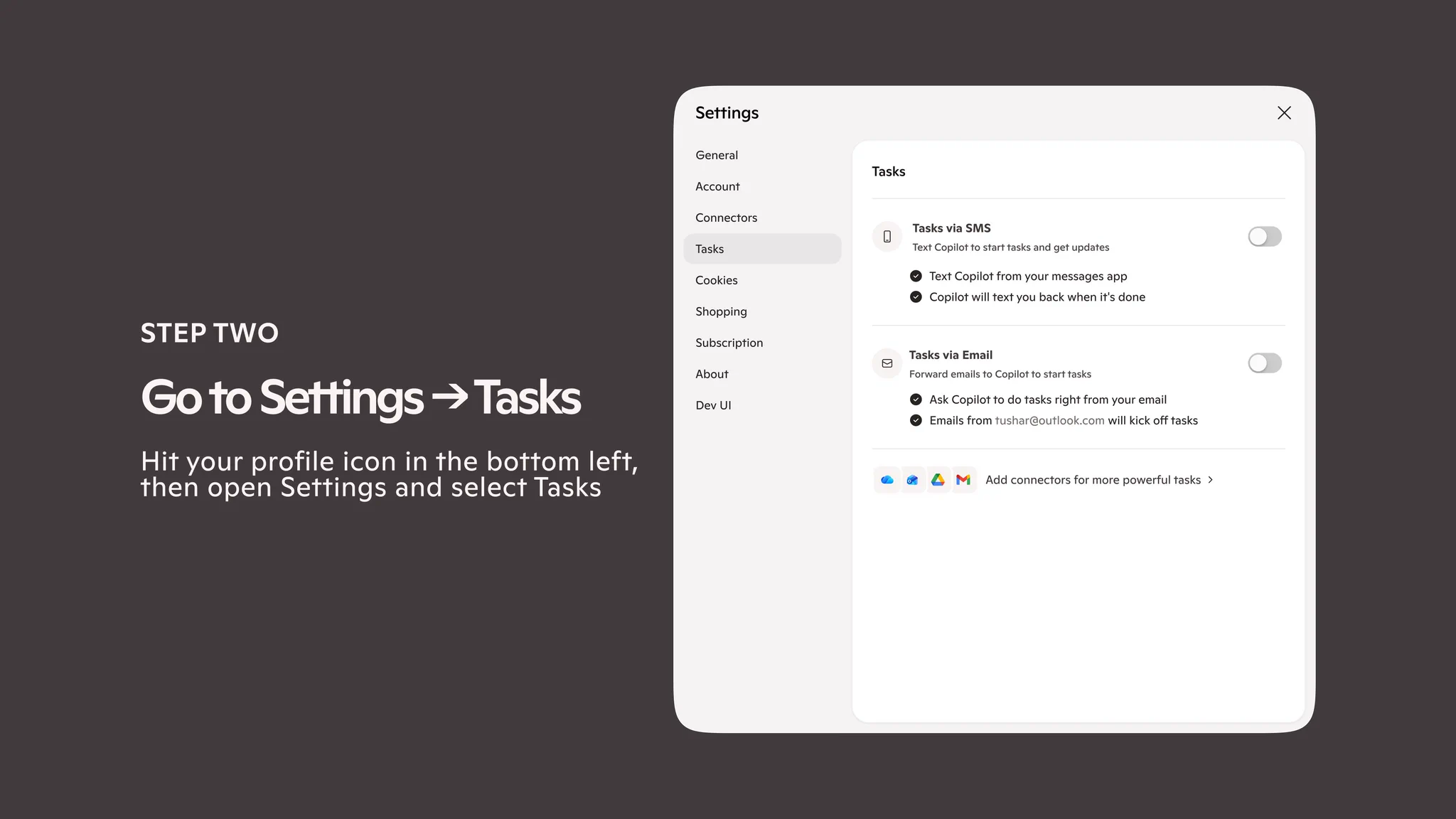 A tutorial slide showing the Copilot Settings panel open to the Tasks tab. The left side reads "STEP TWO – Go to Settings → Tasks" with instructions to hit the profile icon in the bottom left. The settings panel displays toggle options for Tasks via SMS and Tasks via Email, both shown in the off state.