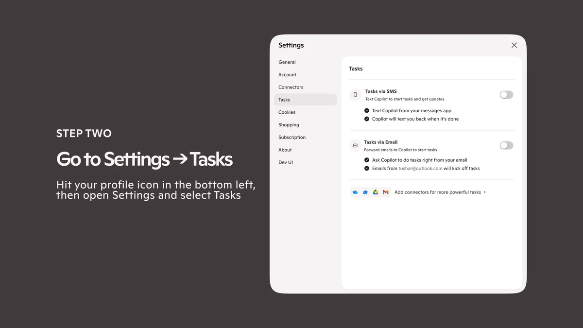 A tutorial slide showing the Copilot Settings panel open to the Tasks tab. The left side reads "STEP TWO – Go to Settings → Tasks" with instructions to hit the profile icon in the bottom left. The settings panel displays toggle options for Tasks via SMS and Tasks via Email, both shown in the off state.