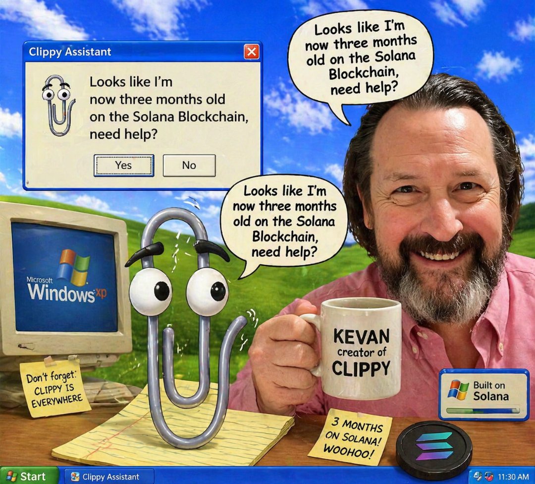 SVGOracleX's tweet photo. Fun fact: $Clippy 📎 on Solana is THREE months old! Need help getting rich? https://t.co/GgSZl8GzKL