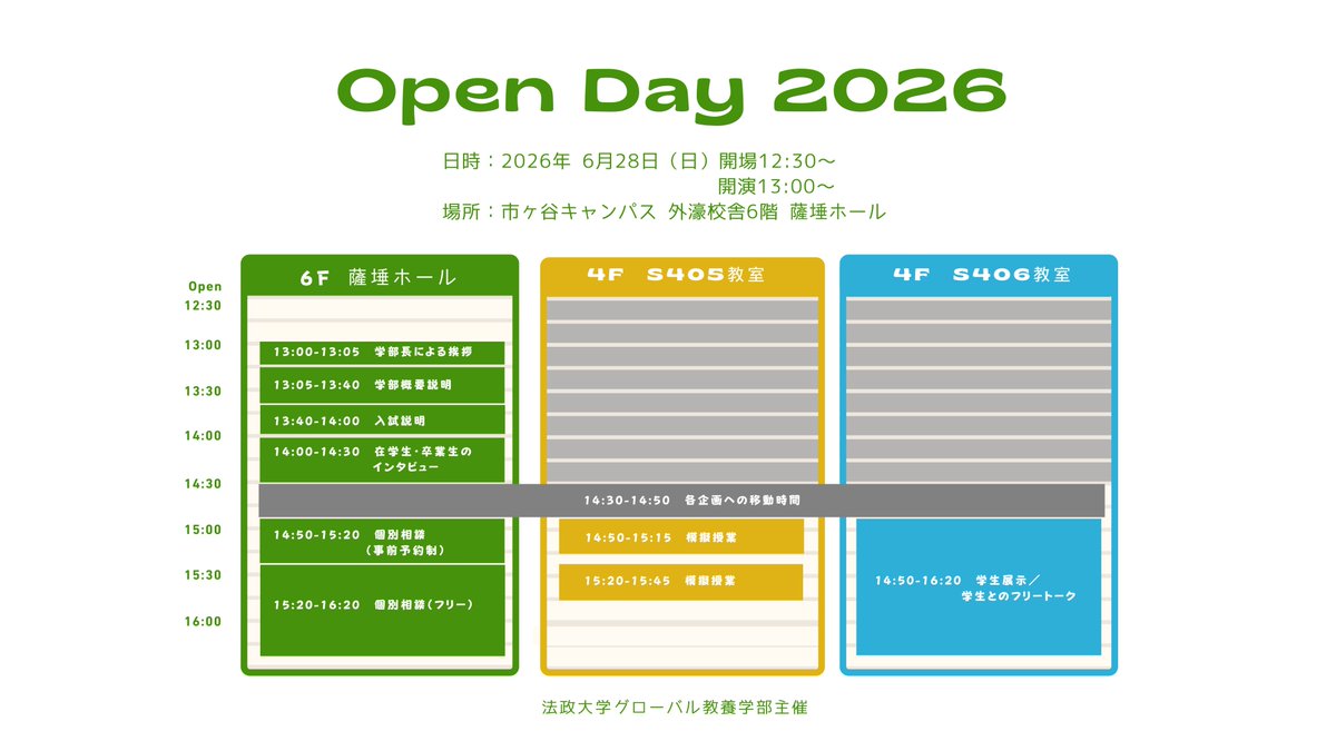 hosei_gis's tweet image. ━━［イベント告知］━━
OPEN DAY 2026 開催決定
━━━━━━━━━━━━

#GIS 学部独自 #オープンキャンパス「Open Day 2026」の開催が決定‼️開催日は6月28日(日)です。事前申込制・先着500名となります。例年すぐに定員に達します。お早めにお申し込みください！#法政
hosei.ac.jp/gis/info/artic…