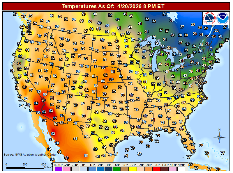 If you thought it was on the colder side today, you weren't wrong. Here is a look at temperatures as of 8 PM. The Northeast is by far the coldest part of the CONUS 🥶