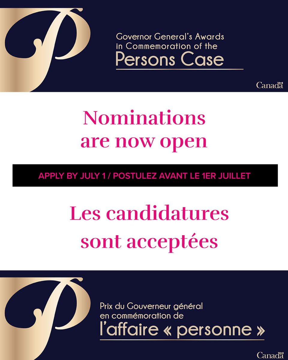 Famous5Ottawa's tweet photo. Connaissez-vous une personne qui a apporté une contribution exceptionnelle à la promotion de l'égalité des femmes et des filles au Canada ? Proposez sa candidature dès aujourd'hui aux Prix en commémoration de l’affaire « personne »

Pour en savoir plus : https://t.co/FTByQFPyZm https://t.co/q39N6Sovxl