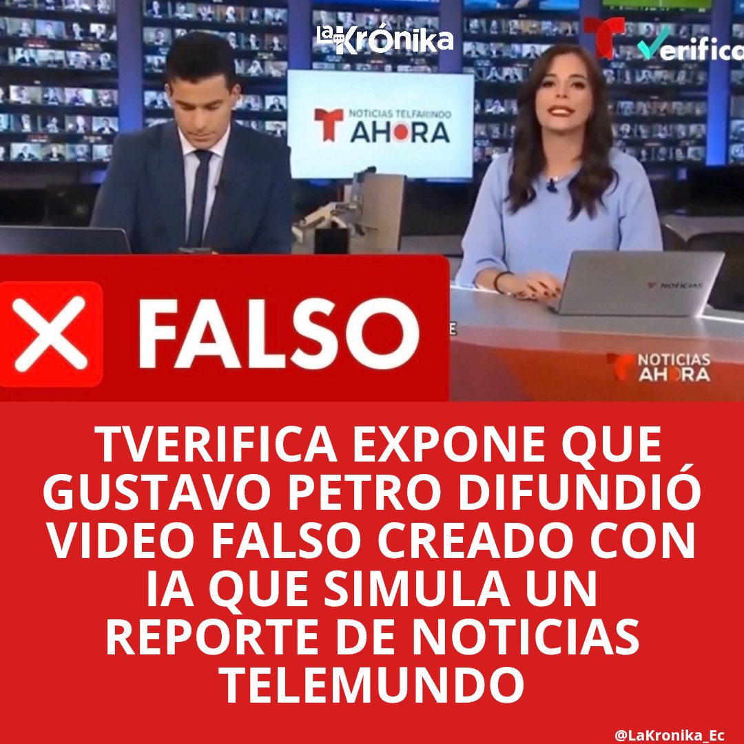 lakronika_ec's tweet image. El presidente Gustavo Petro difundió un video falso creado con IA que simula un reporte de Noticias Telemundo.
El clip usa imágenes reales del 23 de marzo, pero altera audio y gestos. Errores evidentes como “Telefarinoo”.

Completamente manipulado.
#Deepfake #Petro #Telemundo
