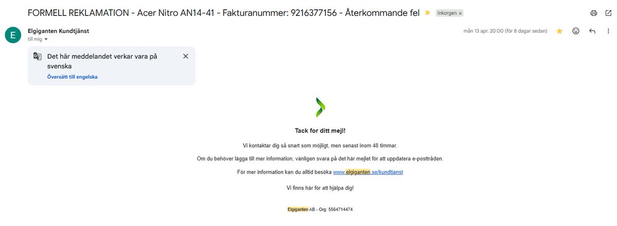 StockholmNative's tweet photo. .@Elgiganten @NiclasE_Elgig Lovade kontakt 48h 13/4 - tyst i 1v. Samma fel (13245243G) på arbetsdator men ni nekar laglig rätt &amp; vilseleder om ARN. Lös 9216377156! @konsumentverket @hallakonsument @Sveriges_Konsum @RadochRon https://t.co/tWaU3nyfax https://t.co/seAOZ0A8sK
