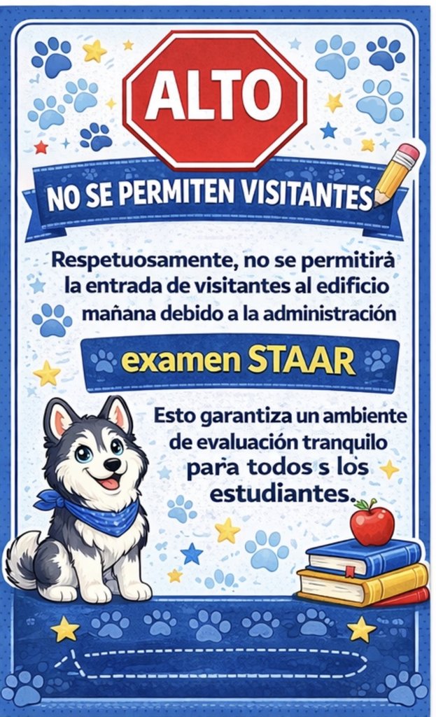 hearnehusky's tweet image. Respectfully visitors will not be permitted in the building tomorrow due to the administration of the STAAR test. We appreciate your support in providing a quiet, focused environment for our students. 🐾📚 #STAARTesting #HuskyNation