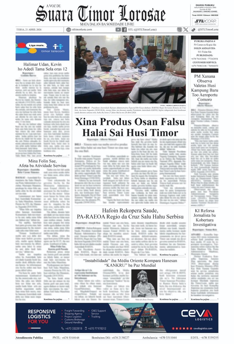 STLTimorLeste's tweet image. Lee notisia kompletu iha Jornal Suara Timor Lorosae (STL) edisaun Tersa, 21 Abril 2026. 

- Atu sai asinante fulan ida kustu US$ 11 &amp;amp; Publisidade bele kontaktu:
* Marcos da Silva: +67076163661
* Joseph Koa: +670-78053212

#SuaraTimorLorosae #STL #TimorLeste