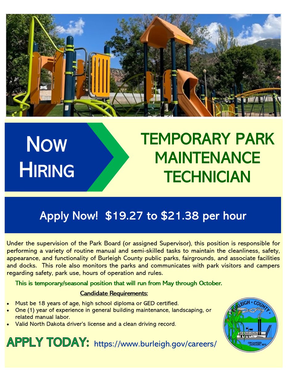 Skip the desk &amp; get outside! 🌳☀️ We’re looking for a temporary  Park Maintenance Technician to help keep our parks clean and safe.

Apply today! 
👉 burleigh.gov/careers

#BurleighCo #NowHiring #ParkJobs #OutdoorWork