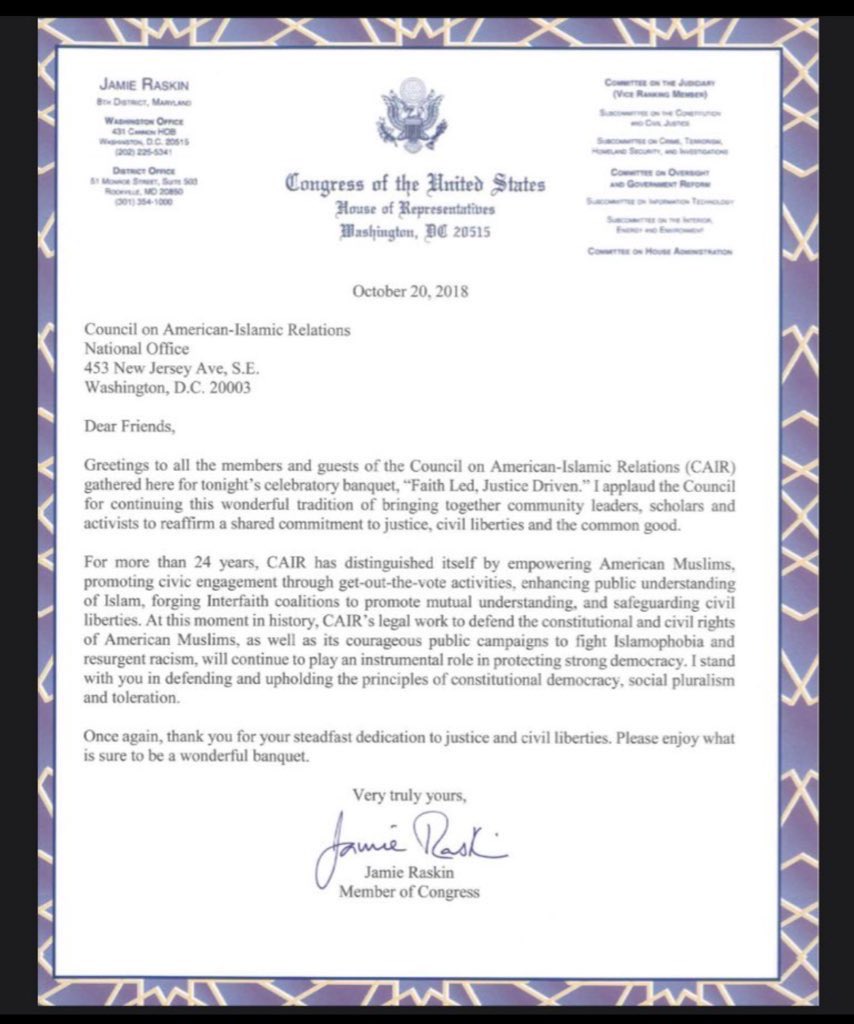 <a href="/RepRaskin/">Rep. Jamie Raskin</a> Reminder—

Raskin is a CAIR-flunkie: