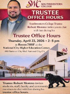 619CVLD's tweet image. 👀⚡Check out  - 🚨Exclusive on Facebook : Hosting my first Trustee Office Hours on April 23, 2026 at National City campus from 2-5 pm!  Bring your concerns, issue...  
  
👉🏽👉🏽 facebook.com/Moreno4SWC/pos…  
  
#CVLD  
#CHULAVISTA  
#JDATA   FacebookSWC Trustee - Robert Moreno Hosting